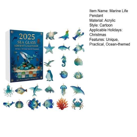 Calendar Numărătoare Inversă Crăciun 2025 24 Zile Ornamente Handmade Sticlă de Mare Figurine Animale Oceanice Calendare Advent pentru Pomul de Crăciun