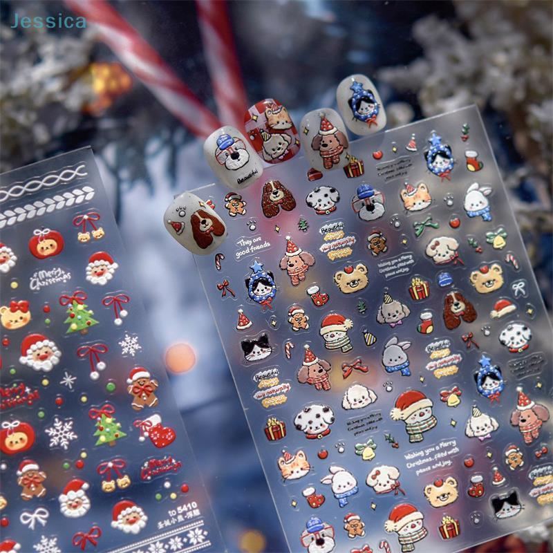 Christmas Style Animal Bear Puppy Print Bow Snowflake Snowman Christmas Tree Nail Art Stickers