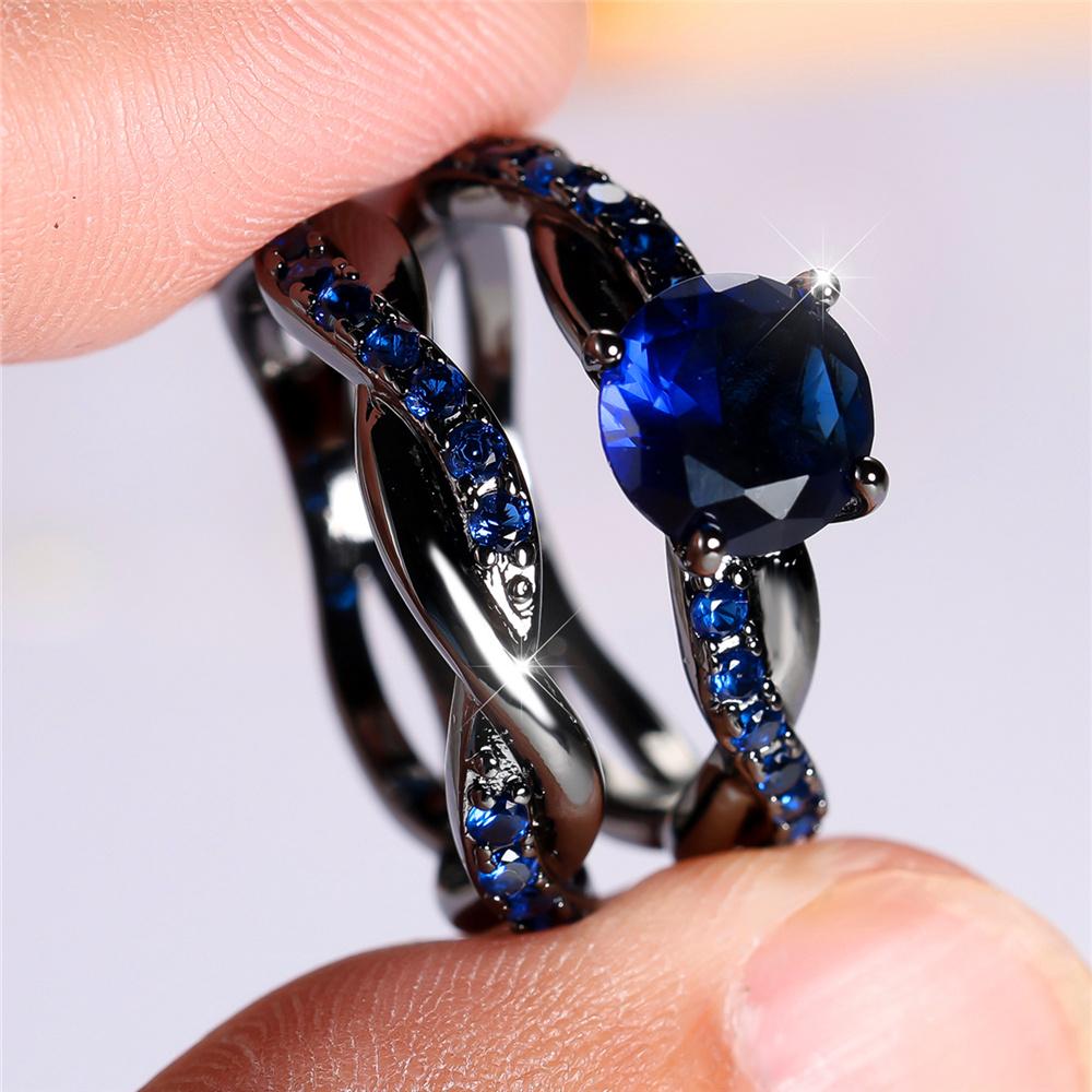 Kryształowy Pierścionek Kwadratowy Kamień Błękitny Cyrkon Zestaw Modny Vintage Czarny Kolor Ślubny Zaręczynowy Dla Kobiet