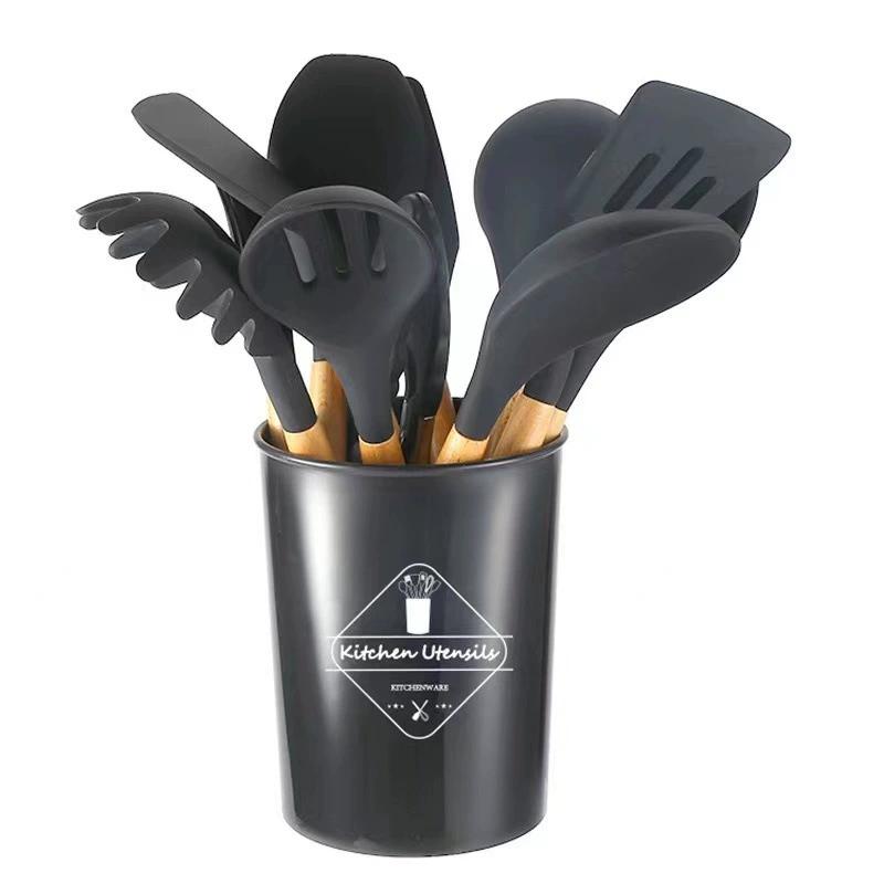 Wooden Handle Silicone Kitchenware Healthy Cookware Spatula Soup Spoon Brush Ladle Pasta Colander Non-stick Cookware Kitchen Tools