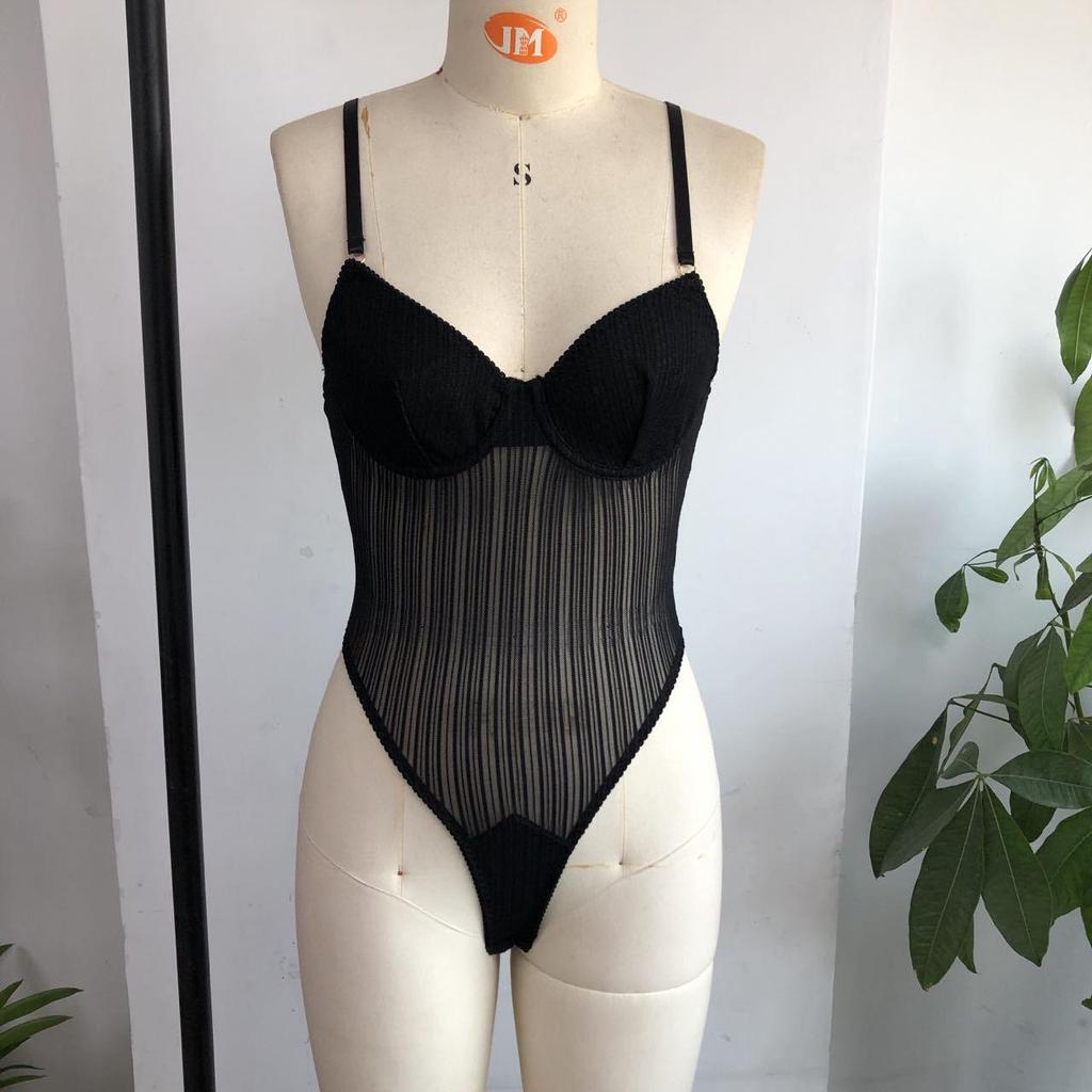 European & American Style Sheer Stripe Steel Ring Gathered Erotic Bodysuit, Easy To Remove, Model 2332.