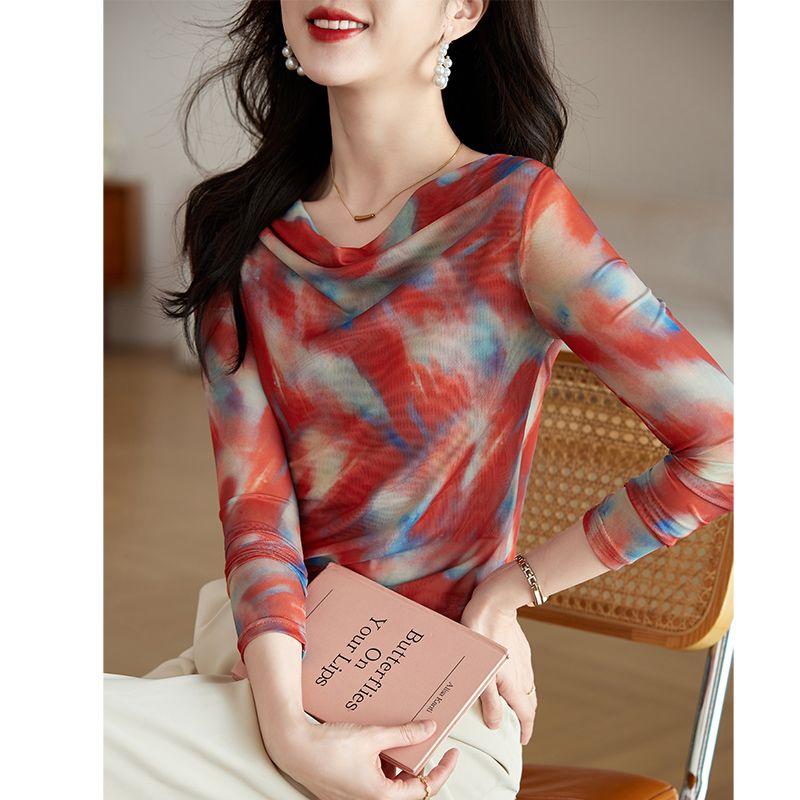 

Жіноча рожева прозора блузка з рукавом 3/4, приталена, повсякденна, з ефектом тай-дай та коміром-хомутом L червоний