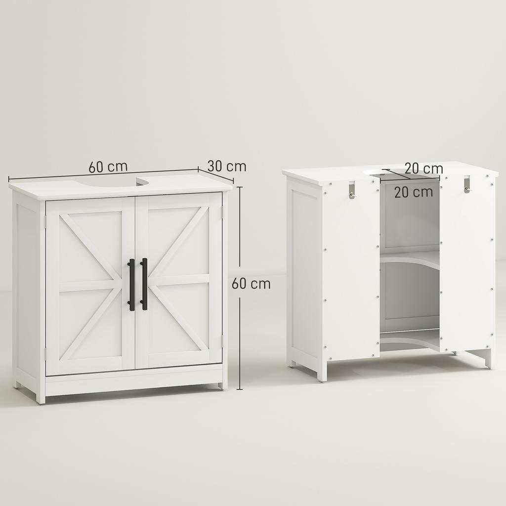 Unterschrank, Badezimmerschrank mit 2 magnetischen Scheunentüren und Regalen, 60 x 30 x 60 cm, Weiß