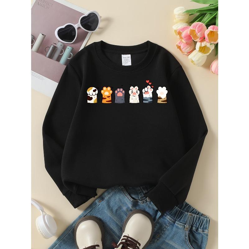 European Sizes Girls' Soft Crewneck Sweatshirt with Cute Cat Paws Pattern, Casual All-Match, Ideal Holiday Present