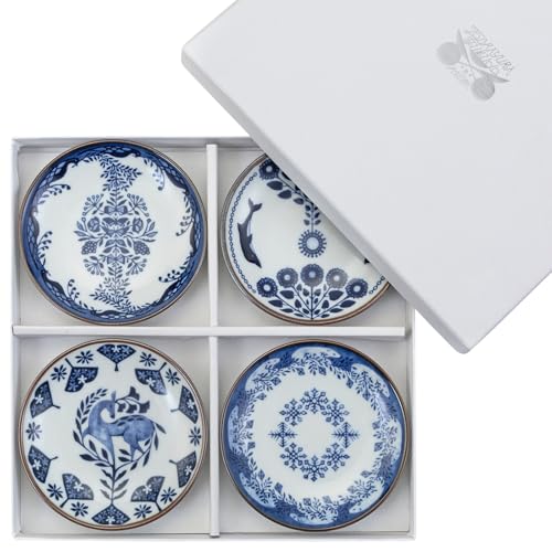 

Saikai Pottery Hasami Ware Toshiyuki Fukuda Small Plates (Soy Sauce Dishes) Four Seasons Set, Approx. 10cm Diameter x 1.5cm, Microwave and Dishwashe