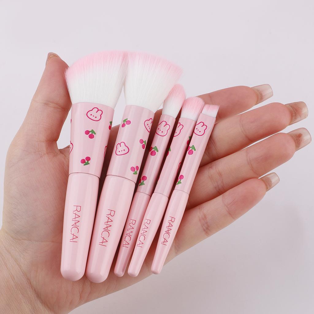 5Pcs Cute Compact Makeup Brush Set With Case Premium Brush for Flawless Foundation, Blush, Eyeshadow Application Beauty Tools