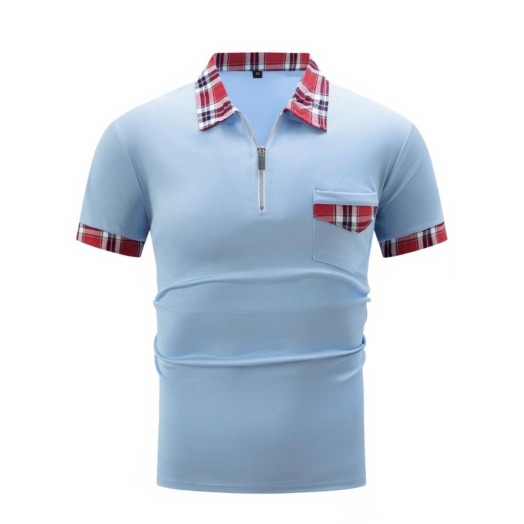 Neues Herren einfarbiges Collage-Taschen-Revers-Reißverschluss-Alltags-Freizeit-Kurzarm-Poloshirt