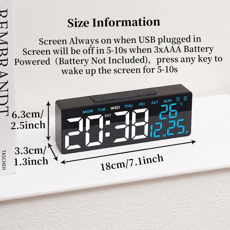 USB Powered Digital Alarm Clock TEMP Date Week Dual Alarm Timing Countdown Snooze Table Clock Auto Dimmable 12/24H DST LED Clock