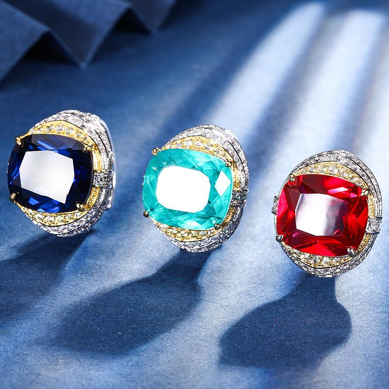 Jewelry Copper Bottom Gold-Plated Simulation Corundum Fat Rectangular Light Luxury Personalized Ring Female 14 * 16