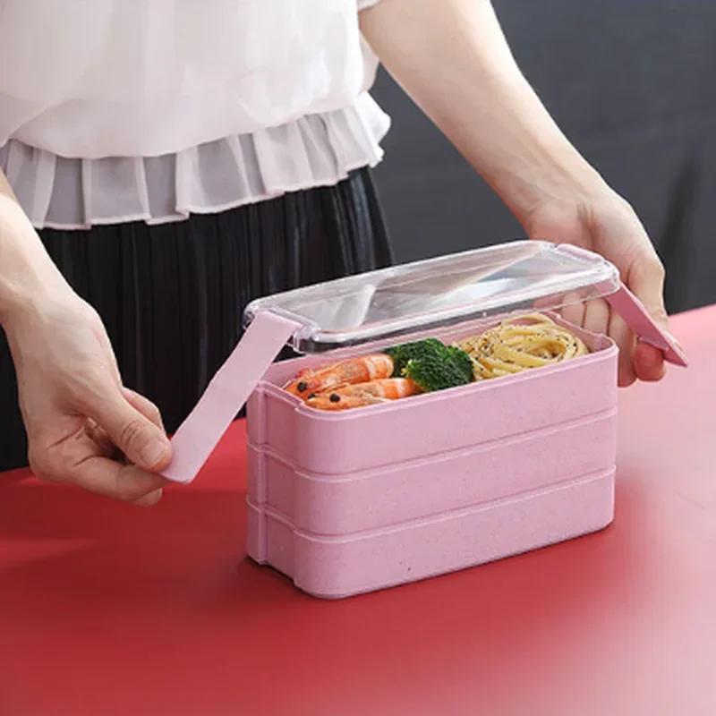 Einfache einfarbige 3-lagige tragbare Lunchbox aus Weizenstroh, Lunchbox, Mikrowellen-Geschirr, Lebensmittelaufbewahrungsbehälter, Zubehör