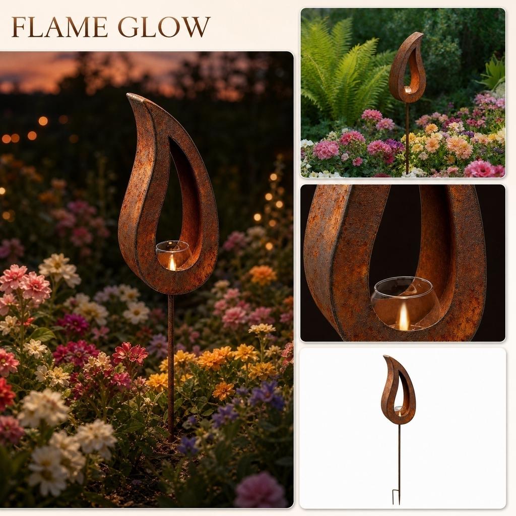 Rostige Flamme Gartenstecker Metall Silhouette Hofdekoration Außen Rasenkunst Skulptur mit Kerzenhalter für Bauernhoflandschaft