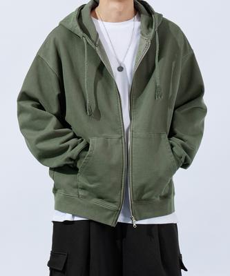 Topboy Heavy Duty Pigment Oversized Two-Way Zip-Up Hoodie Light Khaki