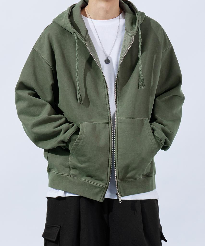 Topboy Heavy Duty Pigment Oversized Two-Way Zip-Up Hoodie Light Khaki