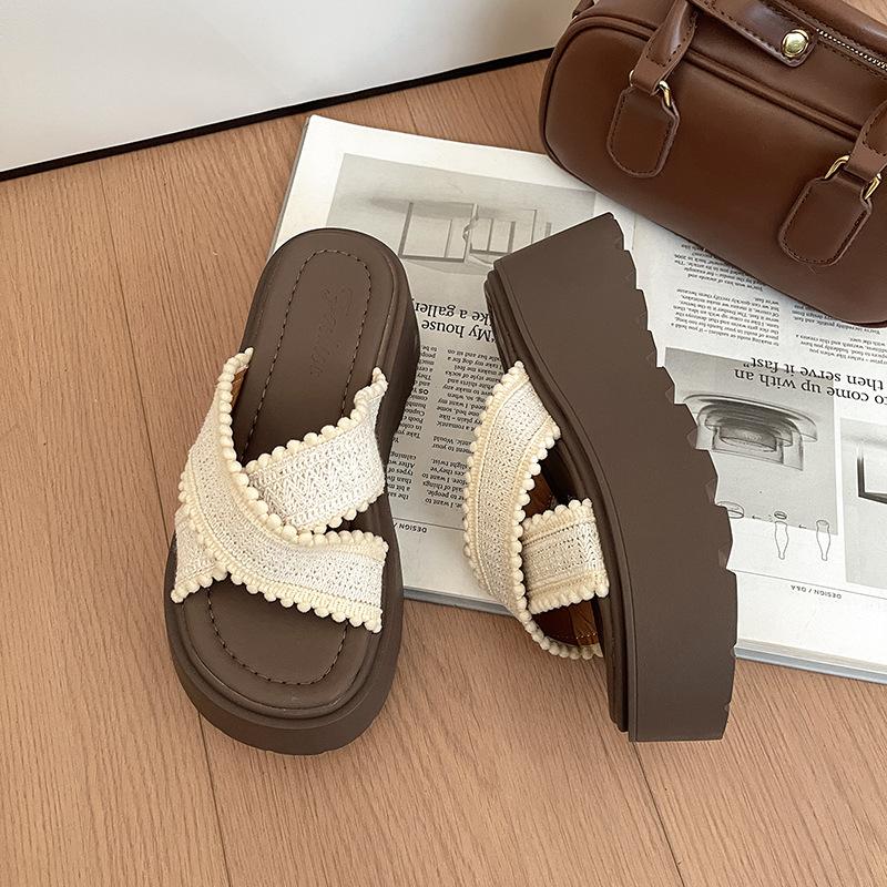 

Модные, удобные, нескользящие пляжные сандалии, летние повседневные, наступающие на дерьмо, маффиновая толстая подошва с увеличением высоты, крест с крутыми шлепанцами женские 40 абрикосовый