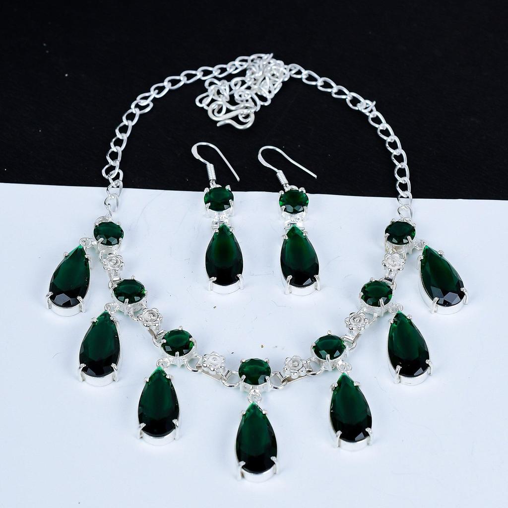 Green Tourmaline Necklace Set, Green Tourmaline Gemstone Handmade 925 Sterling Silver Earring Necklace Set For Women Necklace For Gifts