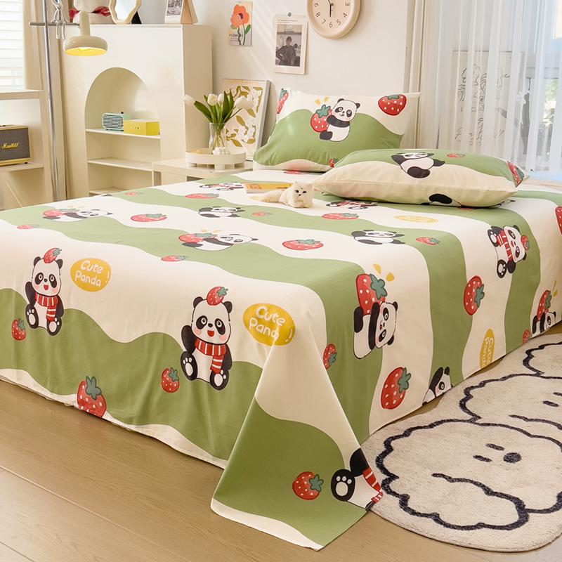 Cute Cartoon Panda Flat Sheet Kawaii Strawberry Bed Sheet Set For Girls Boys Room Decor, Cotton Twin Bed Cover With 2 Pillowcase