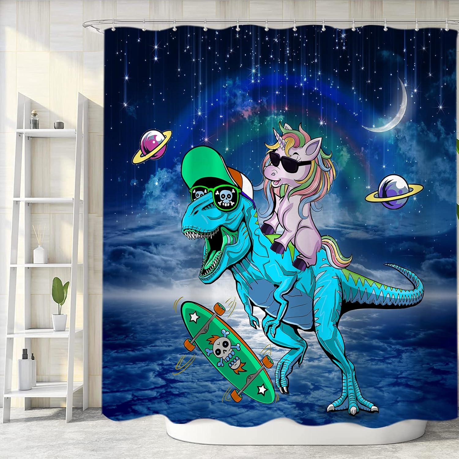 

Funny Dinosaur Shower Curtain Set – Cute Unicorn Riding Dinosaur With Rainbow, Galaxy Space Design For Kids & Teens, With Hooks W60H190(CM)-1 Pcs