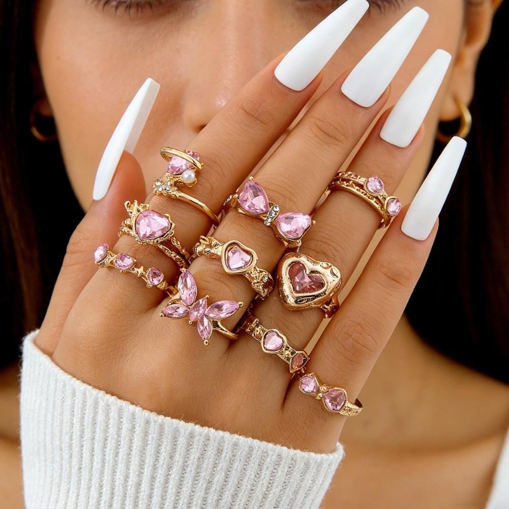 10Pcs/Set Bow Design Heart Butterfly Rings Gold Silver Color Mix Style Rings Korean Style