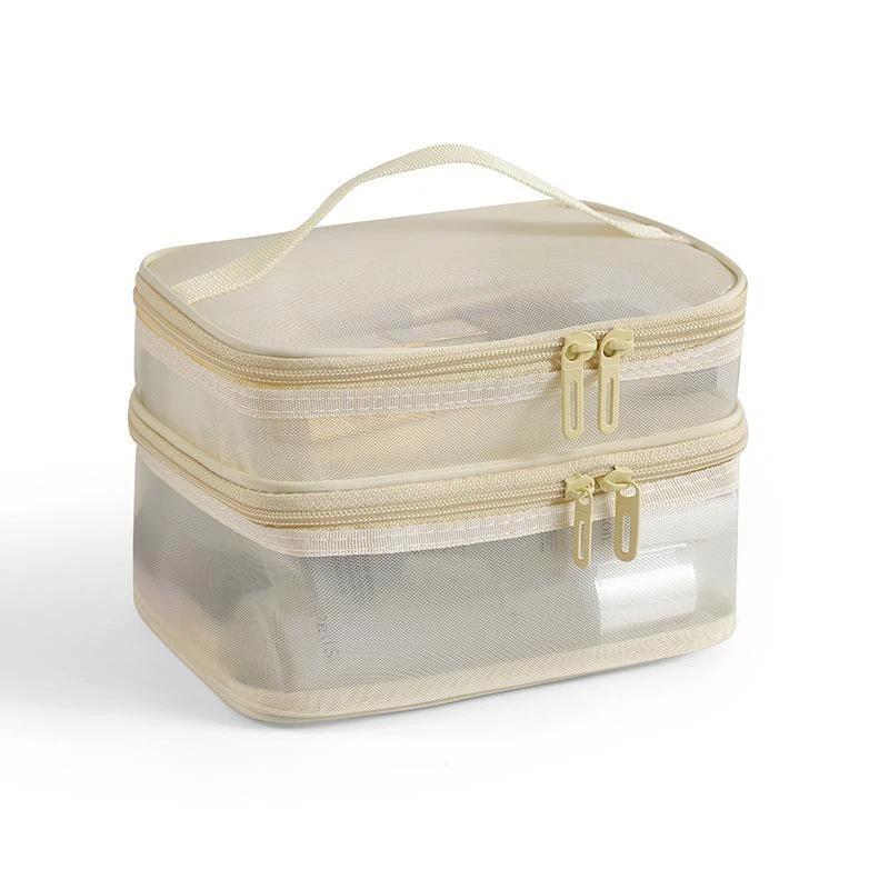 Portable Transparent Mesh Travel Bag Large Capacity Storage Toiletry Bag 2 Layer Makeup Case Toiletries Organization