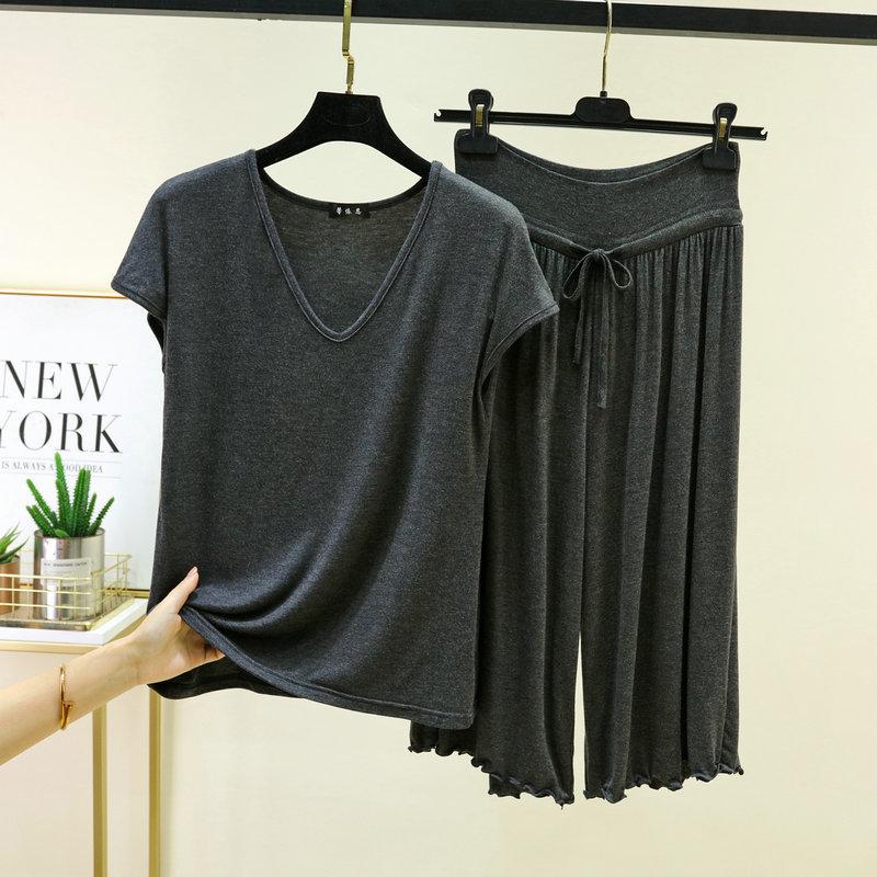 Plus Size M To 6XL Modal Casual Pajamas Sets V-Neck Sleeves Tshirts with Drawstring Ruffle Trim Cropped Pants High Waist Loose Fit Lounge Sets
