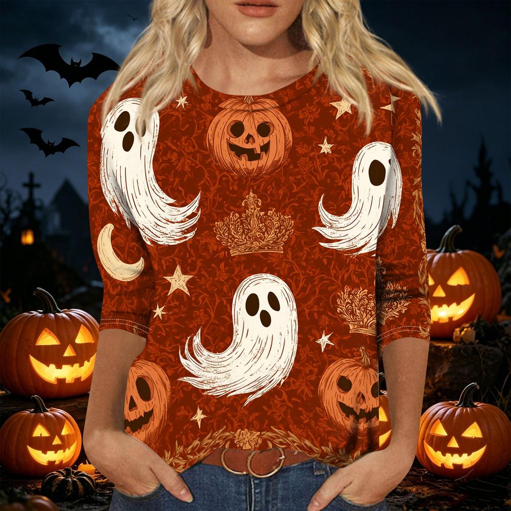 Women's Casual Three Quarter Sleeve Halloween Theme Printed Crew Neck Top Relaxed Fit Soft Material Holiday Blouse Shirt