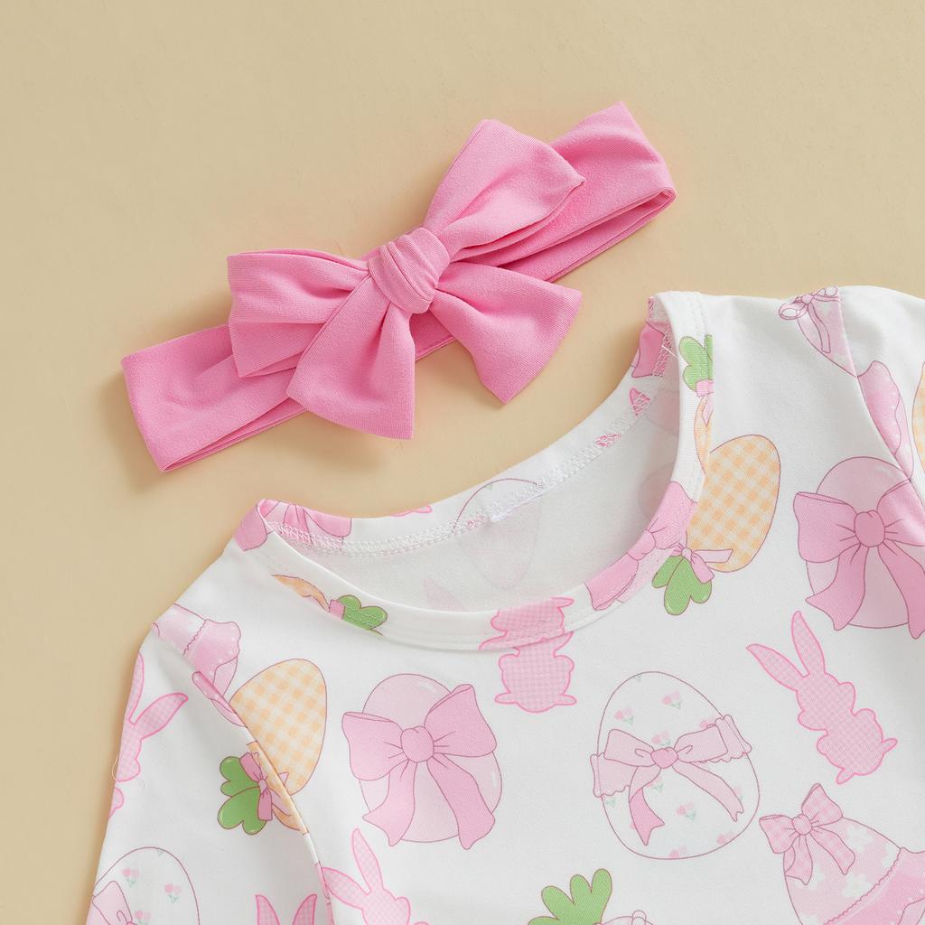 Rampersy dla dziewczynek ubranka wielkanocne królik marchewka pisanki nadruk falbanki długi rękaw wiosenne body z opaską