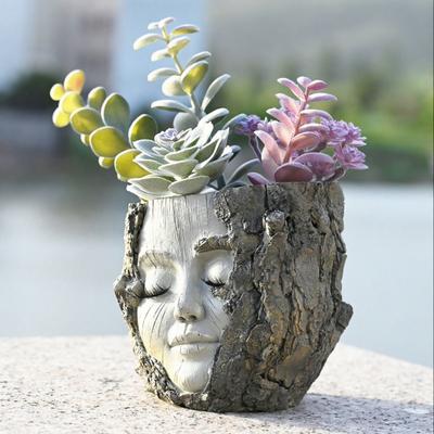 Handmade Girl Face Stump Planter 5" Resin Head Tree Stump Flower Vase with Drainage Hole for Outdoor Garden Patio Desk Decor