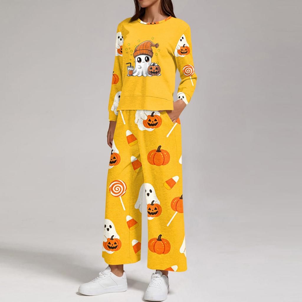 Women's Casual Round Neck Loose Fit Sweatshirt and Pants Set with Halloween Print Hem Slit for Halloween
