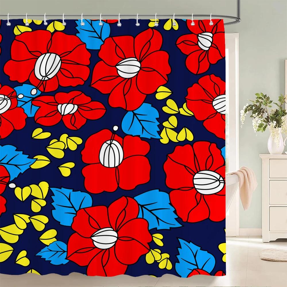 Red Flowers Shower Curtains Waterproof Fabric Floral Bath Curtains For Bathroom Bathtub Large Wide Bathing Cover With Hooks