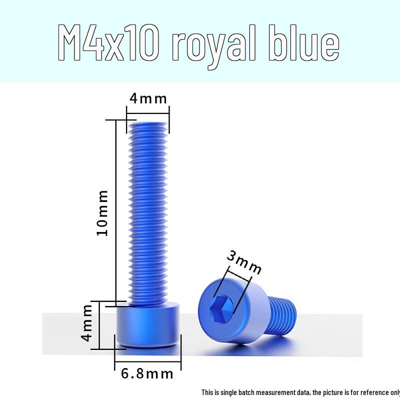 Šroub s vnitřním šestihranem M4 z eloxované hliníkové slitiny s válcovou zápustnou hlavou, antikorozní, barevná povrchová úprava.