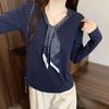 Women's Plus Size V-Neck Tie-Up Long Sleeve Silk Scarf T-Shirt - Spring/Autumn Fashion, Versatile Slimming Belly Cover Base Top.