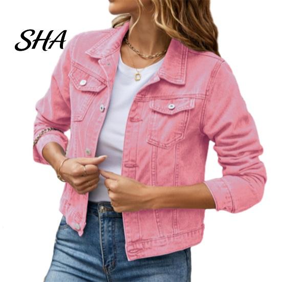 Women Jean Jacket Women's Long Sleeve Cropped Denim Jacket, Button Down Lapel Jeans Coat with Pockets, Fall Spring Lightweight Outerwear