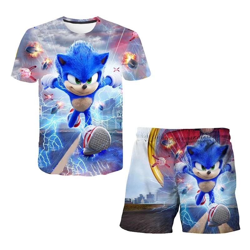 2025 MINISO New boys and girls super sonic Tshirts+shorts  Harajuku Sonic print suit T-shirt + shorts fashion street style children's short sleeves