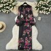 Elegantes Kleid mit Laternenärmeln und Print - Hochwertig, Leicht reifer Stil, Taillenbetont, Langer Rock für Frühlings- und Herbstabendgarderobe