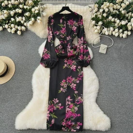 Elegantes Kleid mit Laternenärmeln und Print - Hochwertig, Leicht reifer Stil, Taillenbetont, Langer Rock für Frühlings- und Herbstabendgarderobe