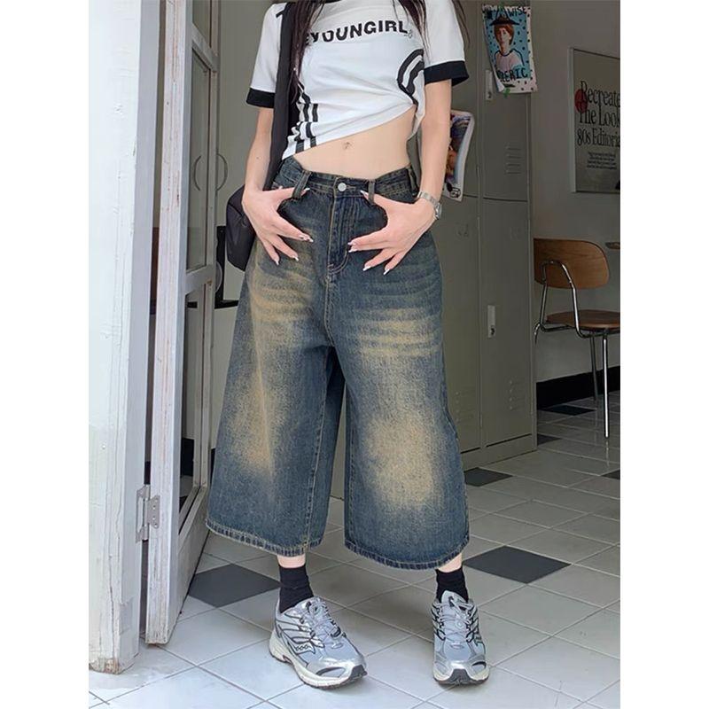 

Retro Denim Shorts Female Spring and Summer Hot-Selling Ins High Street Small Wide Leg plus Size Crotch for Thick Legs Figure Flattering Capri Pants Retro blue cropped pants without buckle S
