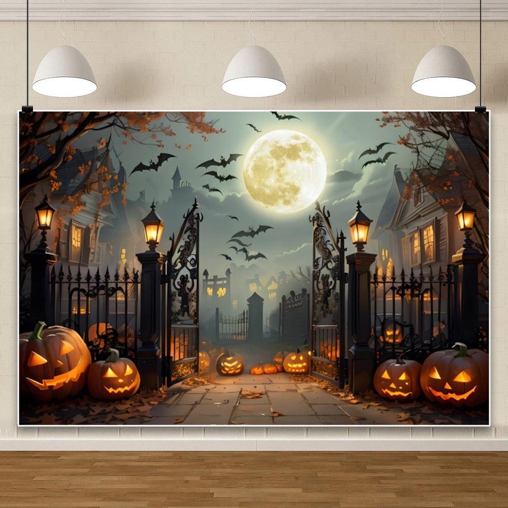 1pc Scary Halloween Party Backdrop Night Moon Gothic Gate Pumpkin Bats Banner for Halloween Themed Party Background Decoration