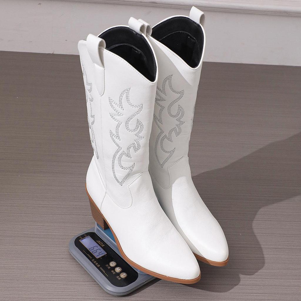 2024 Plus Size White Western High-Heeled Over-the-Knee Cowboy Boots for Women