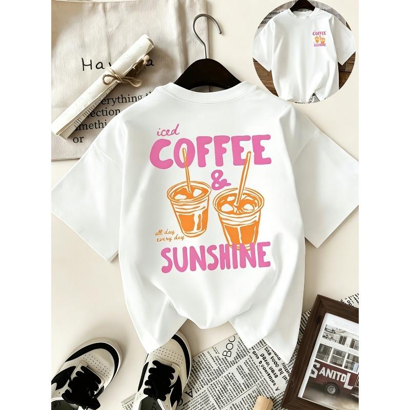European sizes Front And Back Print Fashion Short Sleeve Summer Essential COFFEE Print Round Neck Girls' Casual Top - Clothing, Comfortable Fit
