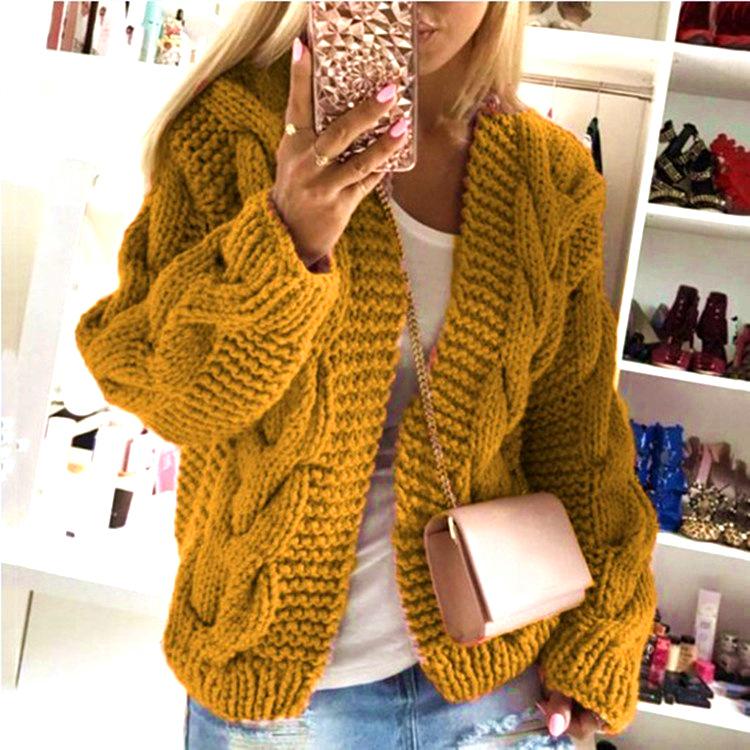 2026 Autumn/Winter Bestseller: Women's Cable Knit Hat Cardigan, European & American Style Chunky Sweater, Solid Color