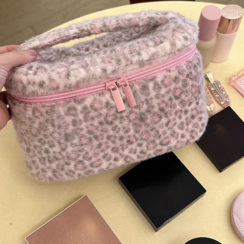 Ladies' Cosmetic Bag Plush Leopard Cute Kawaii Makeup Bag Fashion Hand-held Large Capacity Multifunctional Storage Bag Pouch