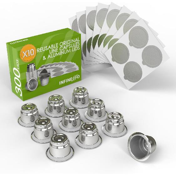 10 шт. многоразовых капсул для Nespresso OriginalLine - 300 шт. фольгированных крышек с 10 шт. многоразовыми кофейными капсулами, совместимыми с Nespresso OriginalLine