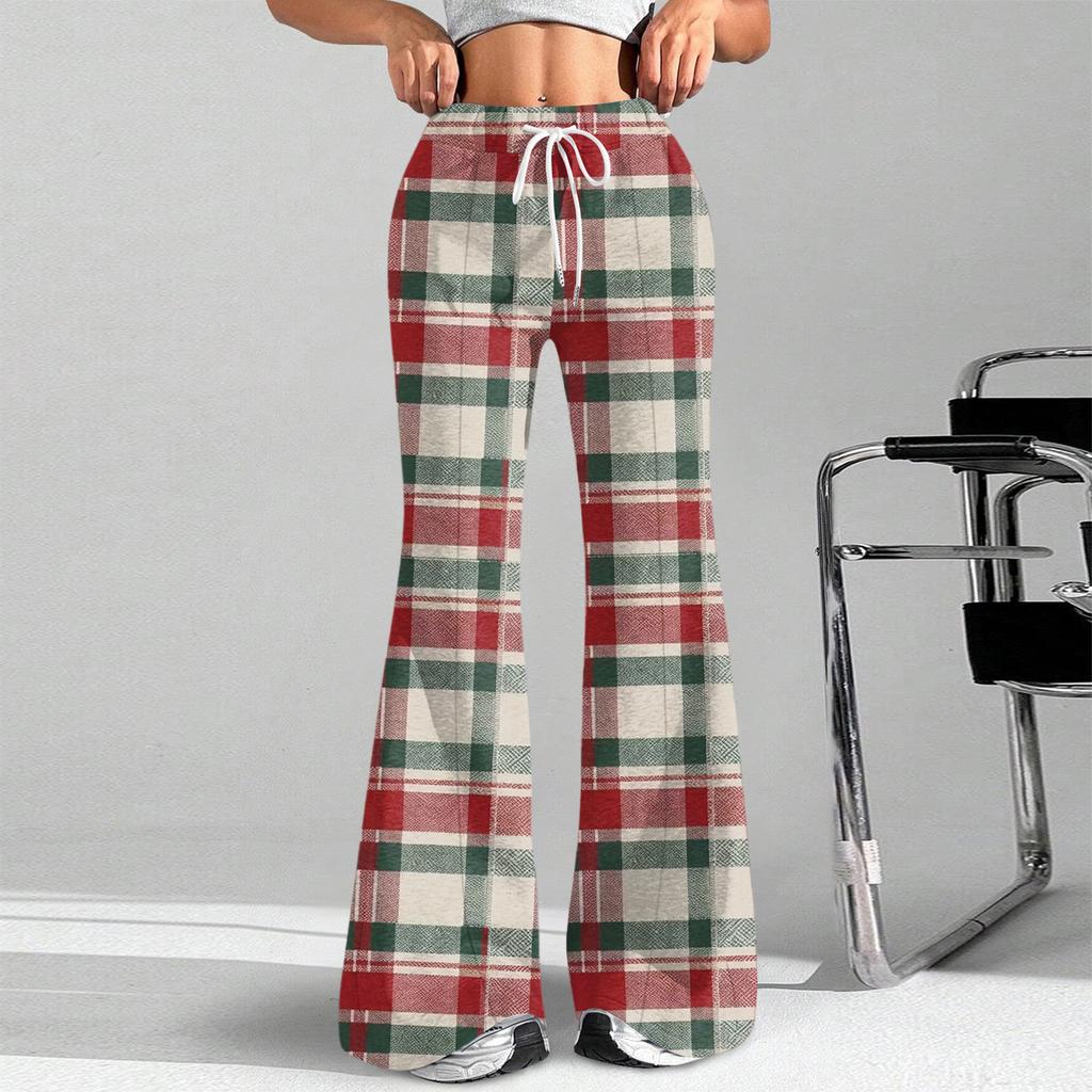 Women's Fashion Loose Drawstring Waist Christmas Plaid Printed Casual Sports Pants Casual Flared Pants