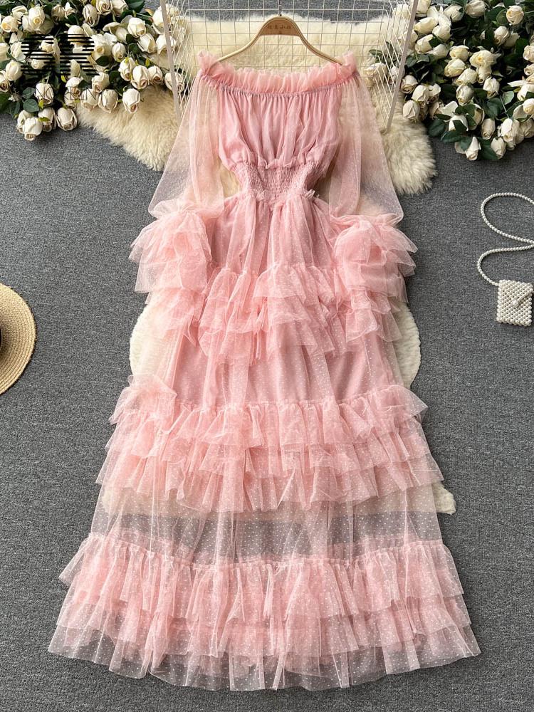 French Fashion Mesh Party Long Dress Women Ruffle Long Sleeve Slash Neck Elastic Waist Ladies Summer Elegant A Line Dresses