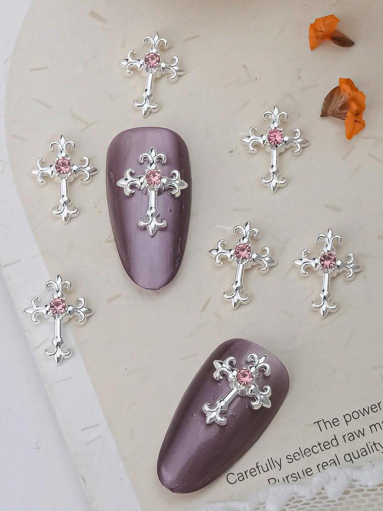 10pcs Gold SilverCross Nail Charms 3D White Pink Rhinestones Nail Art Decorations DIY Nail Gems Nail Supplies