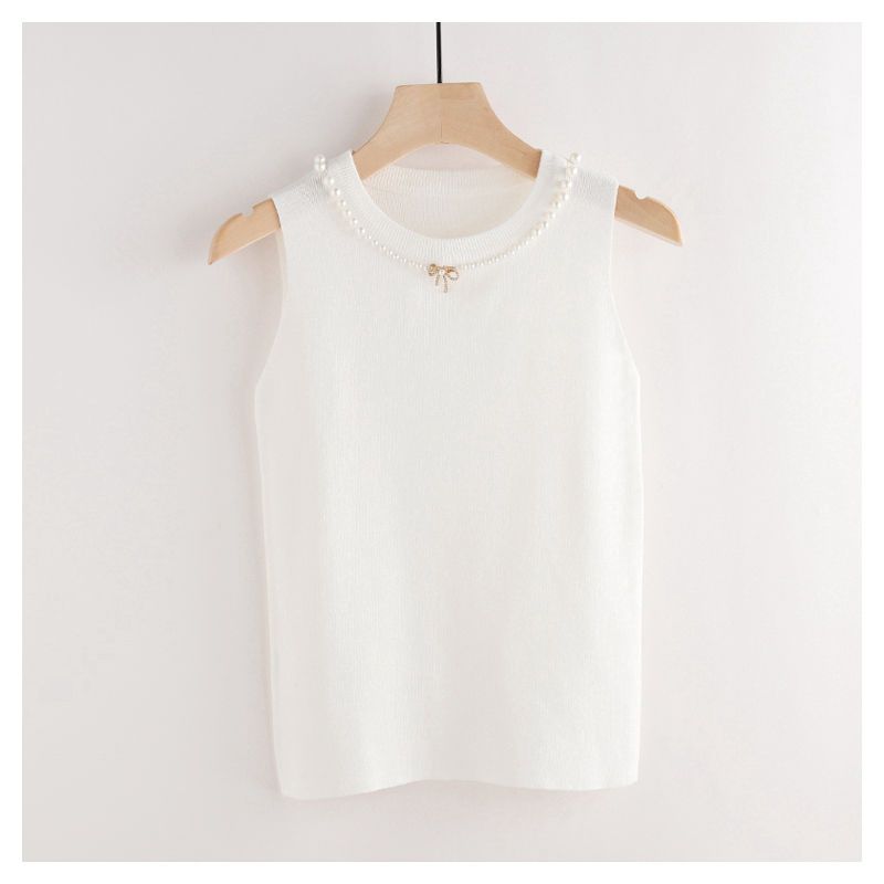 Dámské pletené korálkové tílko s kulatým výstřihem, spodní košilka, dámská móda, jaro léto, pletené spodní tričko, jednobarevné bez rukávů, slim topy