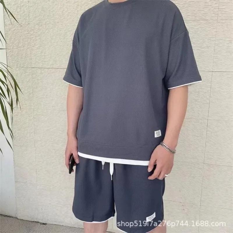 New Waffle Suit Men's Summer Explosion Short-sleeved T-shirt Men's Fake Two-piece Five-point Pants Suit Spot Batch Ropa