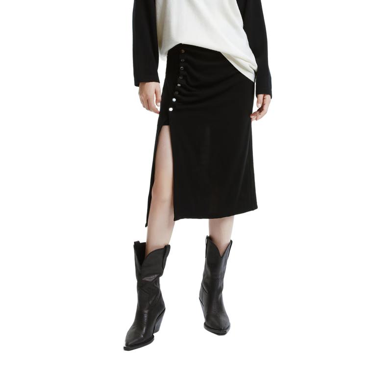 MOCo. 2024 Spring Merino Wool Pleated Side Slit Straight Skirt S