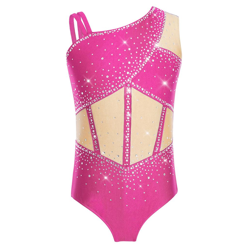 Meisjes Glanzende Strass Dans Leotard Mouwloos Asymmetrisch Kleurblok Bodysuit
