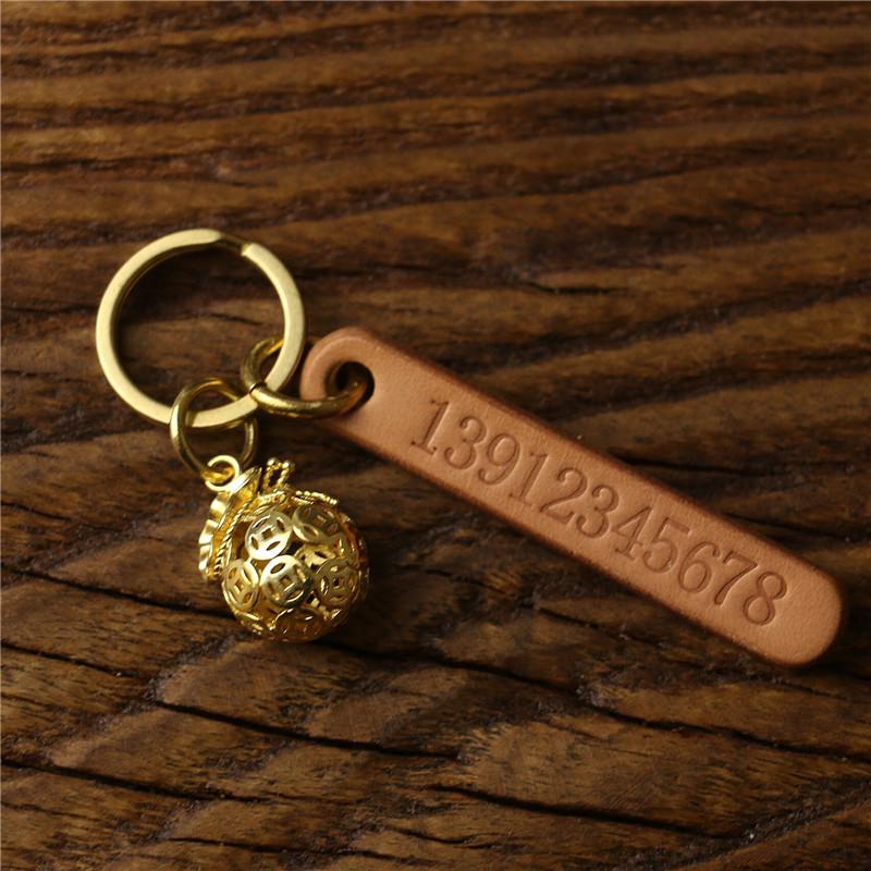 Engraved Retro Cowhide Car Keychain with Custom Phone Number Tag